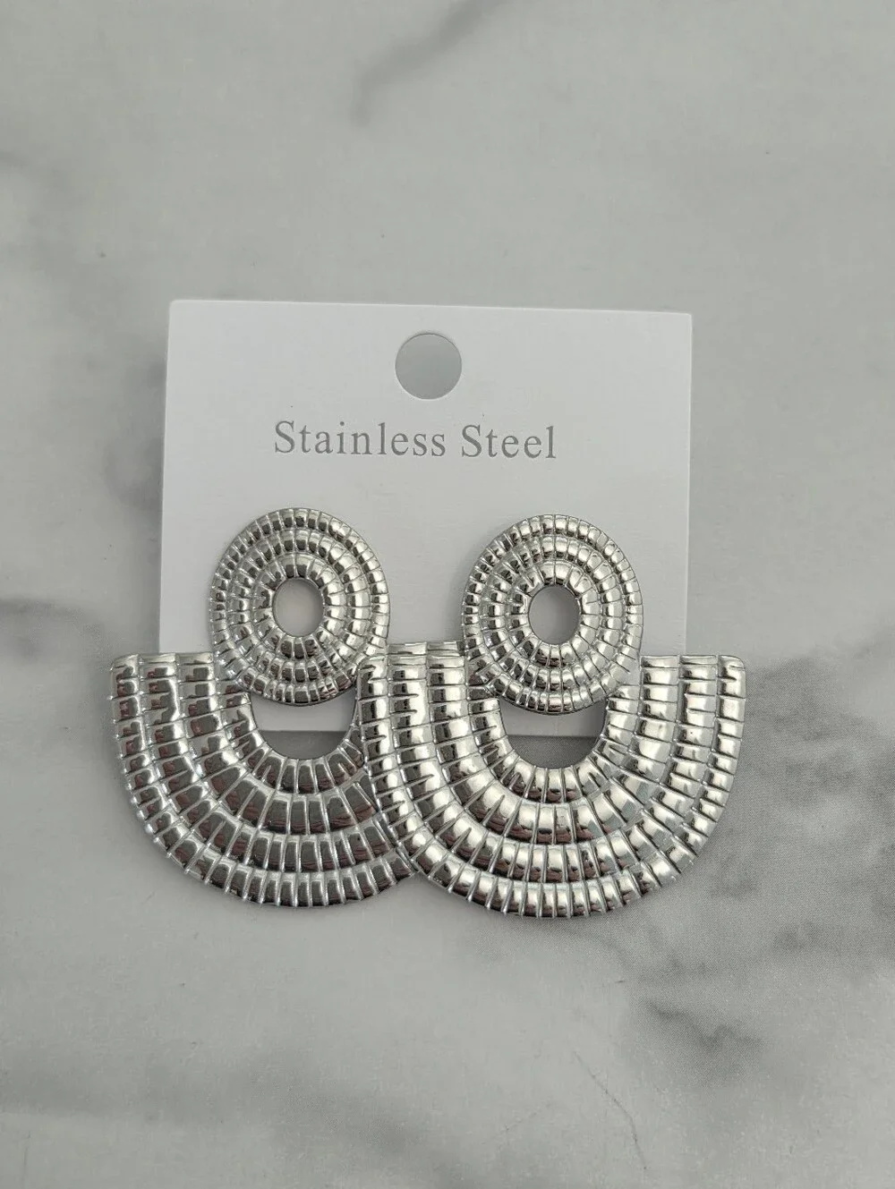Stainless Steel Silver Textured Fan Dangle Earrings - Picture 2 of 14